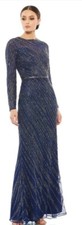 Mac Duggal 5240 Long Sleeve Beaded Column Gown Midnight Blue Size 6 NWT