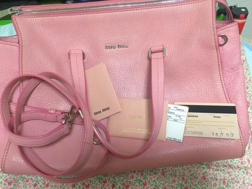 Miu Miu Pink Hand Bag Logo Leather Shoulder Tote Bag Used Auth Excellent+ JAPAN