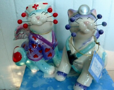  WhimsiClay Nurse cat ''Melissa''+ Dr. Catwell pair + free pin $12 value. Purrfect