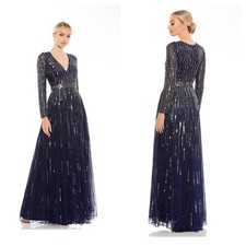 MAC DUGGAL SEQUINED ILLUSION SLEEVE A LINE GOWN MIDNIGHT SIZE 6 NWT MSRP 598