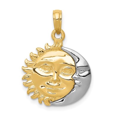 14K Gelb & Weißgold massiv poliert 3-dimensional Sonne & Mond Anhänger