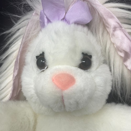 Vintage PJ Toys White Bunny Plush Long Pink Satin Hairy Ears 10" Stuffed Animal - Picture 2 of 9