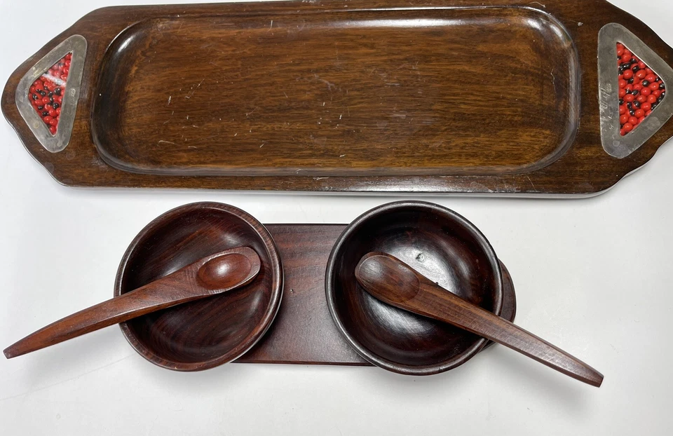Indian Wooden Chutney Set & Serving Tray with Silver Handles - Image 4 of 4
