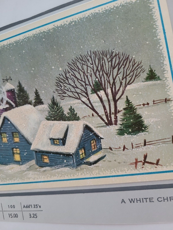 1950s Vtg GLITTER WHITE CHRISTMAS Houses Church SPARKLE w SNOW Sample