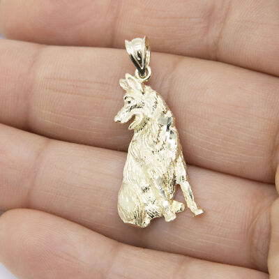 1 3/8'' Diamantschliff Wolf Anhänger Echt 10K Massives Gelbgold