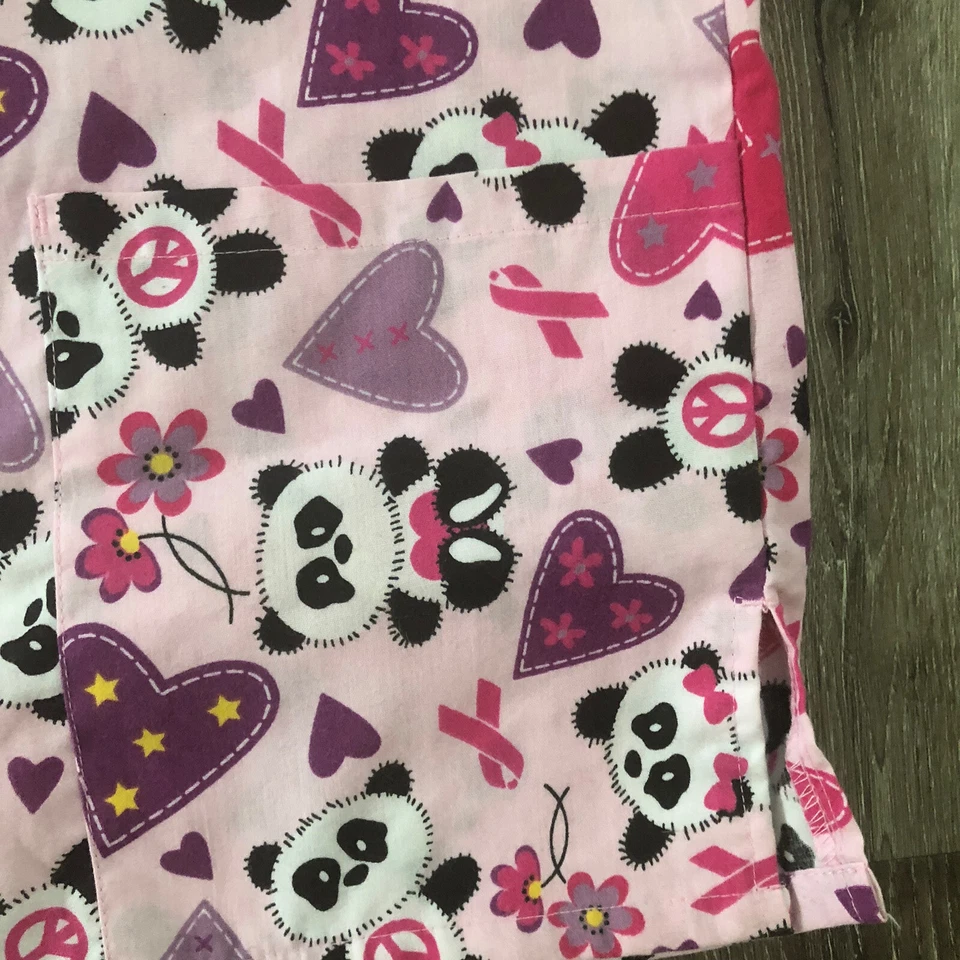 Zikit Women's Sz 1X Pink Purple Hearts Panda Pink Ribbon Mock Wrap Scrub Top New - Image 2 of 4