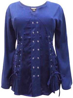 Plus Size 22 Blue Pirate Queen Gothic Blouse TOP Ribbon Lacing Flared Sleeve