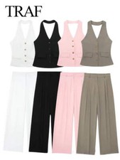 2 Piece Set Halter Neck Single-Breasted Pocket Sleeveless Halter Vest Tops+High