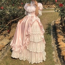 Pink Victorian Prom Dresses O-Neck Satin Layered Ruffle Applique Evening Gowns