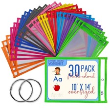 30 Oversized Dry Erase Pockets Sleeves 10 Colors w/ 2 Binder Rings 10x14