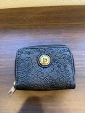 STONE MOUNTAIN Bonded Leather Embossed Paisley Wristlet Wallet Black Zipper