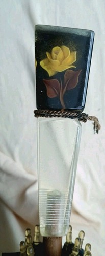 Vintage Regenschirm Sonnenschirm schwarz gelbe Rose in Plexiglasgriff Holzschaft Quaste 25"