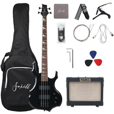 Full Size 4 Four String Electric Bass Guitar 10W Battery Power Bluetooth Ampl...