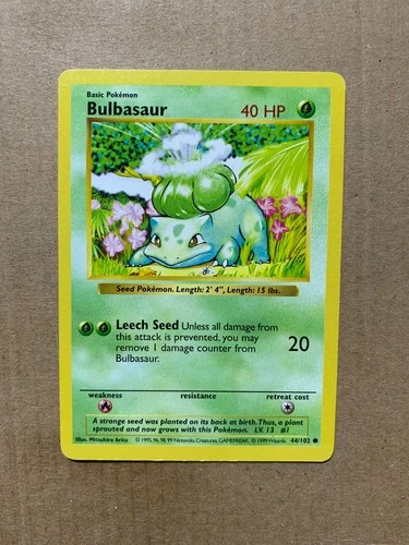 Shadowless Bulbasaur 44/102  Base Set - Common Pokemon Card - EXCELLENT