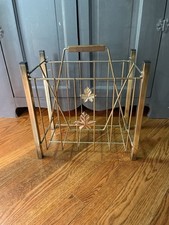 Vintage Magazine Record Holder Rack Fall Leaves MCM Mid Century Gold Tone Metal
