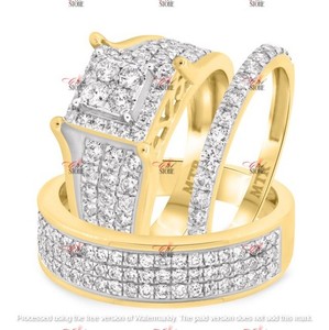 Authentic Diamond Created Square Matching Trio Wedding His Hers Ring Set 14K Gold Plated