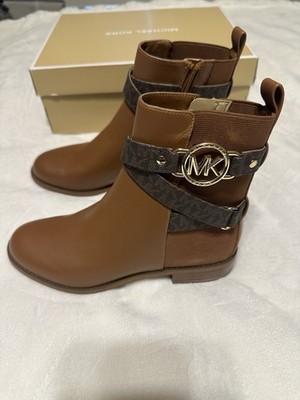 MICHAEL Michael Kors Rory Flat Bootie Brown Faux Leather MK Logo Zip Ankle 5.5