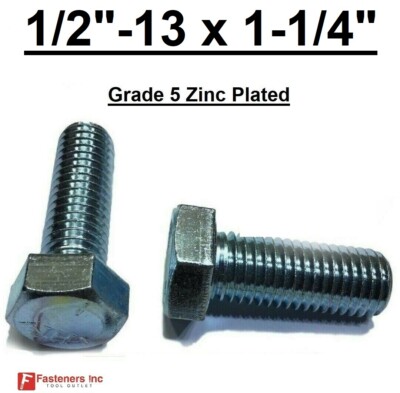 1/2-13 x 1-1/4'' (FT) Hex Bolt Zinc Plated Grade 5 Cap Screw Coarse Thread