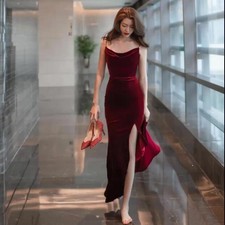 Ladies Pearls Chain Strap Split Velvet Gown Prom Full Length Evening Dresses new