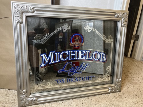 Michelob Light On Draught Bar Mirror Silver Frame Mancave Sign 34”x28” - Picture 2 of 6