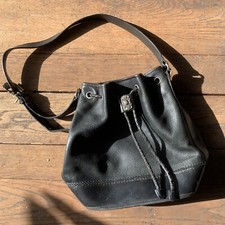 Vintage Fossil black leather crossbody feed bag