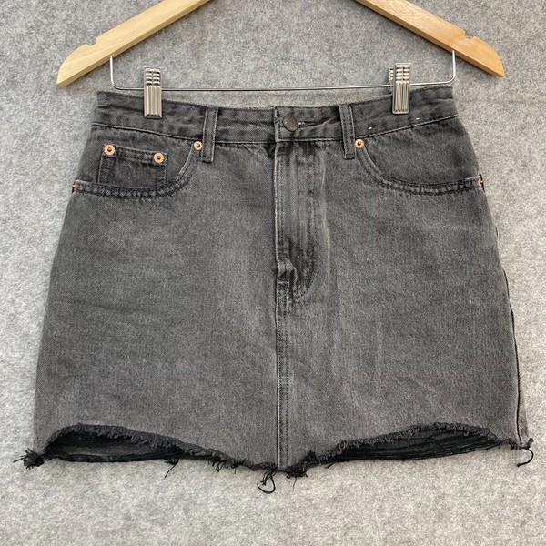 Glassons Denim Skirt Womens 8 Black Mid Rise Mini Frayed Hem Zip Cotton 46313