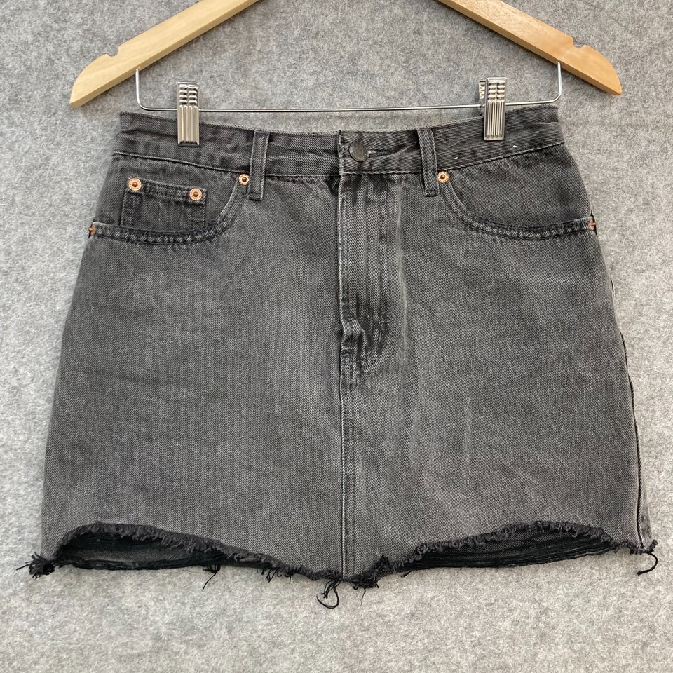 Glassons Denim Skirt Womens 8 Black Mid Rise Mini Frayed Hem Zip Cotton 46313