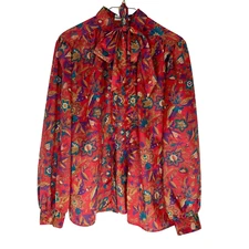 Vintage Laura Mae Tie Neck Red Floral Drapey Shirt Blouse Medium Large