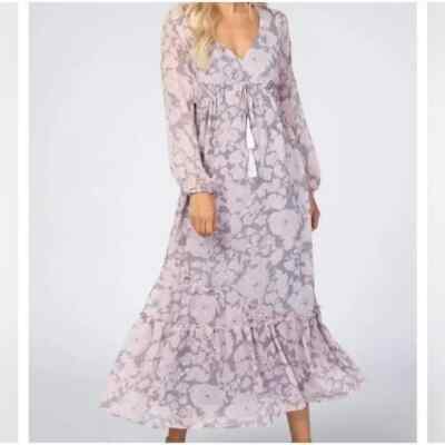 NEW! Lovestitch PinkBlush Womens Small Pink Gray Floral Long Swiss Maxi Dress