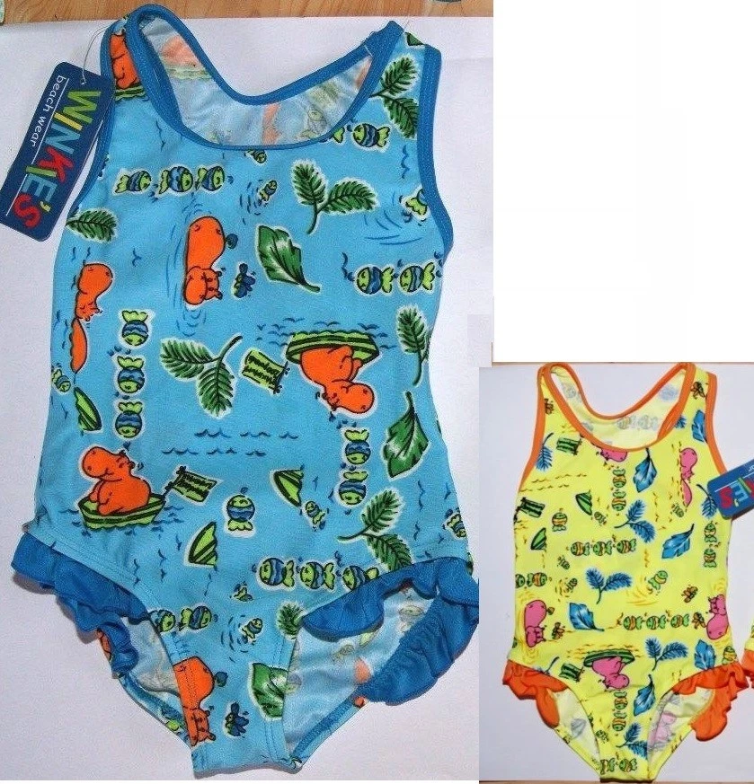 MAILLOT DE BAIN 1 PIECE 3 OU 4 ANS FILLE bleu OU jaune volant HYPPOPOTAME NEUF - Photo 1/1