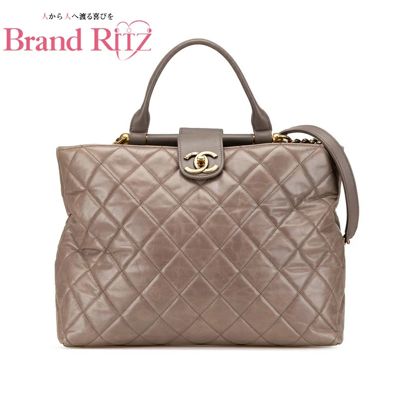 Used Chanel Bag 2Way Matelasse Handbag Shoulder Crossbody Greige Beige Ab Lea