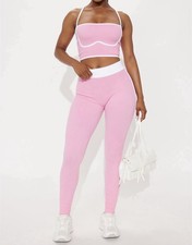 Pink Ribbed 2 Piece Crop Top and Leggings Set with White Trim, Women's S