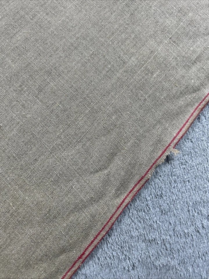 Lino crudo natural italiano vintage con borde bordado rojo 3 yd x 53" DEFECTUOSO Foto 2 de 4