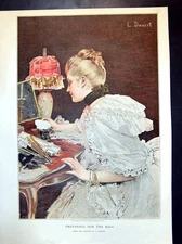 Antique Old Print Preparing For The Ball Portrait L Doucet Lady Dress Powder