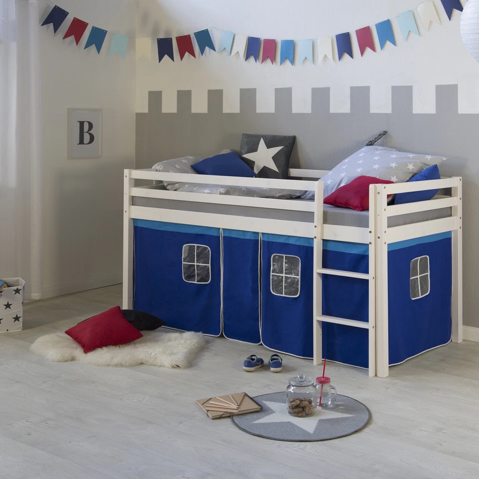 Hochbett 90x200 Kinderbett mit Lattenrost Jungen Weiß Vorhang Blau Homestyle4u - Bild 3 von 4
