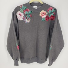 Vintage 90s Hanes Floral Rose Sweatshirt Womens Large Gray Glitter Crew Neck USA