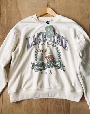 H&m size L (12) jumper sweater logo America 59  Cotton! Cottagecore milkmaidcore - Image 1 of 4