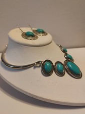 Boho Western Silver Jewelry Set Turquoise Choker Dangle Earrings