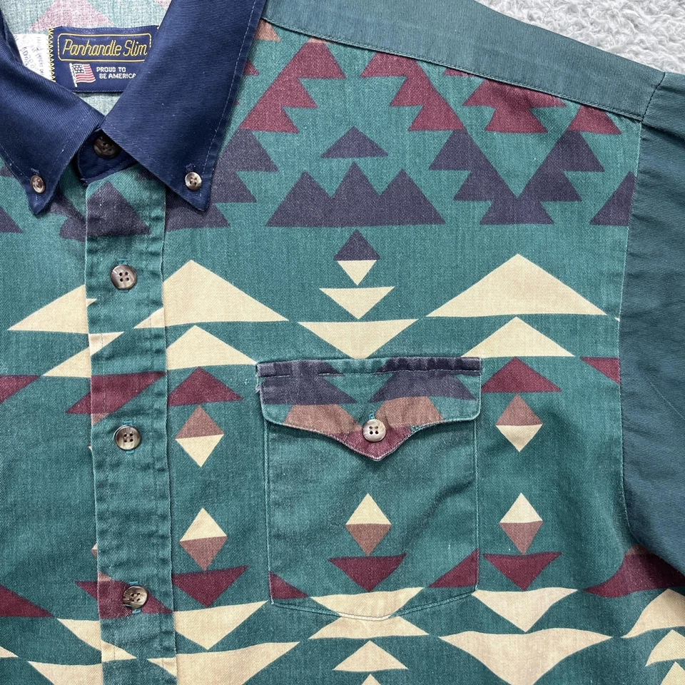 Vintage Panhandle Slim Shirt Mens XL Green Aztec Print Western Made USA 90s - Image 3 of 4