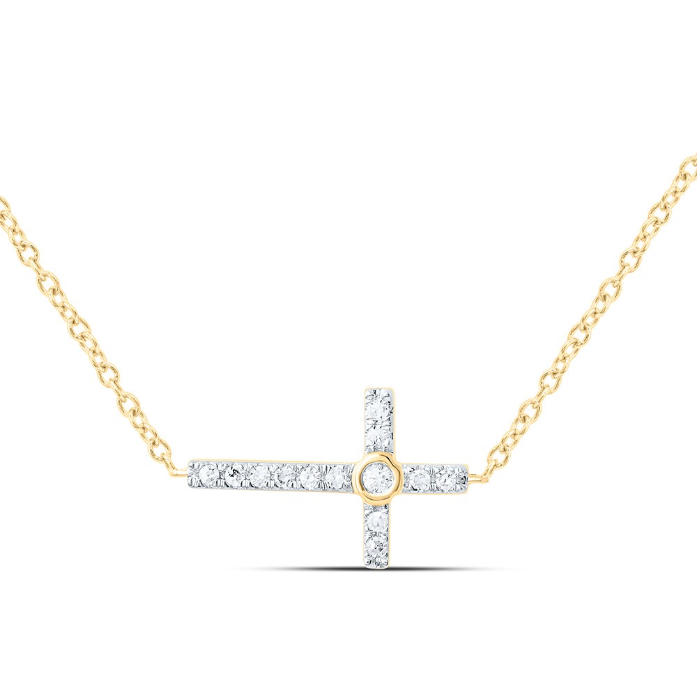 "10K Yellow Gold Real Bezel Set Diamond Sideways Latin Cross 18\" Necklace 1/20 CT"