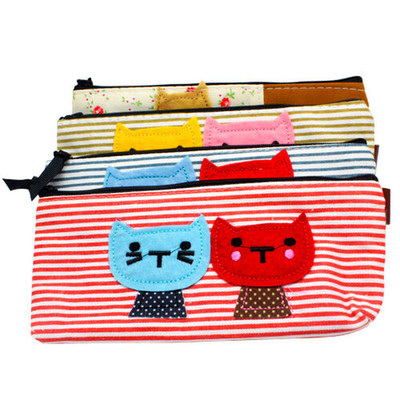 Vintage Canvas Katzen Federmäppchen Münzbörse Etui Reißverschlusstasche Kosmetik Make-up 