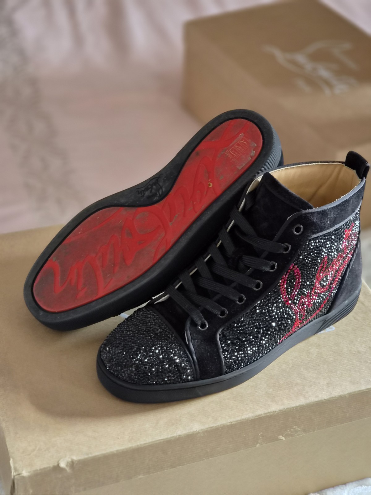 Christian Louboutin Louis Strass Flat SuedeHigh Top Black Boots image 3