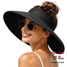 Sun Hats Visor for Women, UV UPF Straw Beach Hat Foldable Wide Bowknot Black