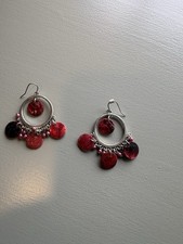 Red Silver Round Dangle Hoop Earrings Metal Acrylic Fashion 2"