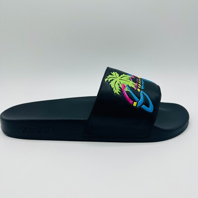 Gucci★素敵!Black Leather Hawaii Logo Slipper Sandal Gucci Men's Black Leather Top Rubber Sole Hawaii Logo