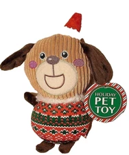 HOLIDAY SQUEAKY DOG TOY Christmas Ugly Sweater Soft Plush Pup with Red Santa Hat