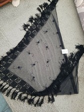 NWT Vintage Black Crochet Net Triangle Beaded Tassled Shawl Large - Retail 69