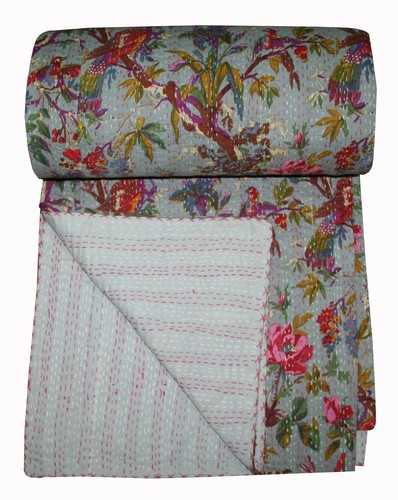 Vintage Hand Made Floral Bird Kantha Quilt Bed Spread Throw Home Decor Boho - Foto 1 di 3