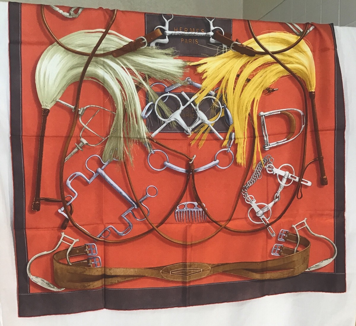 hermes Silk scarf Le Carre Au Crayon Horse Theme Orange