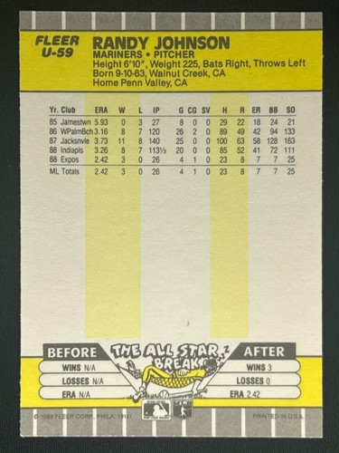 RANDY JOHNSON 1989 Fleer Update Rookie RC #U-59 | Mariners - Picture 2 of 2